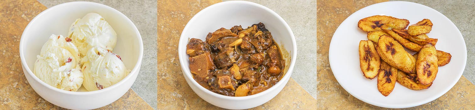 Images of oxtail, ackee and saltfish and a jamaican beef patty